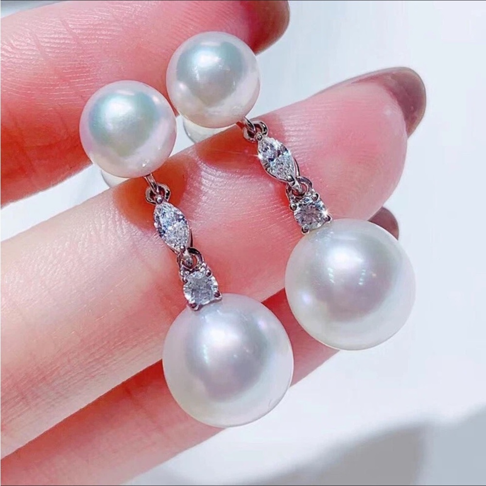 💋Double Pearl Cz Diamond Drop Earrings